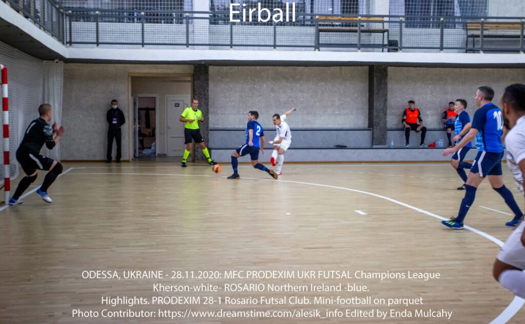 ODESSA, UKRAINE - 28.11.2020: MFC PRODEXIM UKR FUTSAL Champions League Kherson-white- ROSARIO Northern Ireland -blue